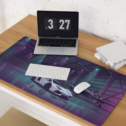 Lamborghini Aventador Inspired White Purple Vaporwave Gaming Mouse Pad – Neon Aircraft Hangar Desk Mat, Retro Futuristic Supercar Digital Art