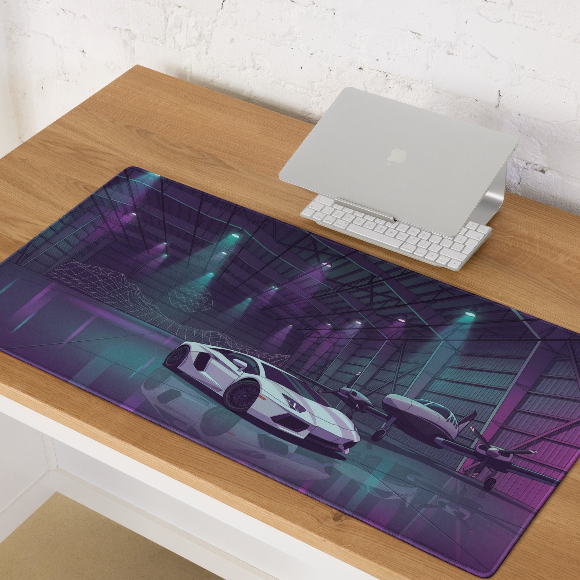 Lamborghini Aventador Inspired White Purple Vaporwave Gaming Mouse Pad – Neon Aircraft Hangar Desk Mat, Retro Futuristic Supercar Digital Art