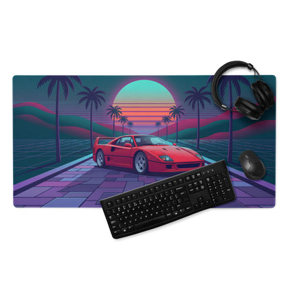 Ferrari F40 Inspired Red Teal Vaporwave Gaming Mouse Pad – Neon Palm Sunset Desk Mat, Retro Futuristic Supercar Digital Art