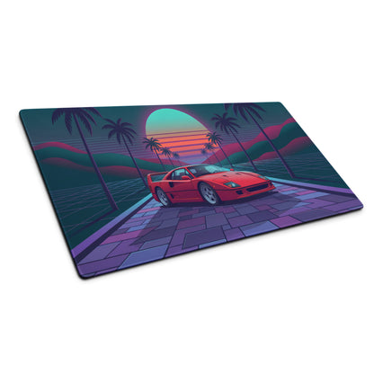 Ferrari F40 Inspired Red Teal Vaporwave Gaming Mouse Pad – Neon Palm Sunset Desk Mat, Retro Futuristic Supercar Digital Art