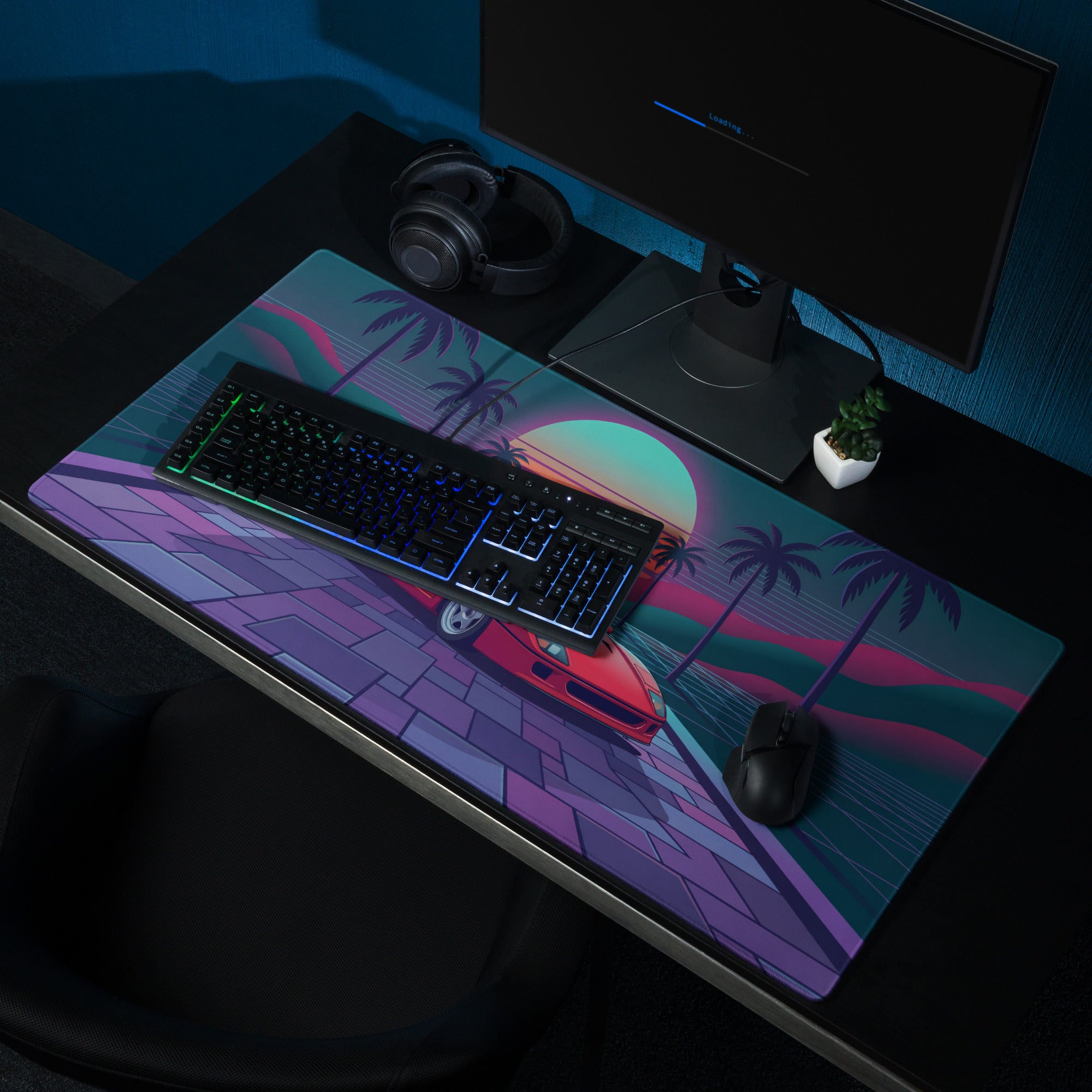 Ferrari F40 Inspired Red Teal Vaporwave Gaming Mouse Pad – Neon Palm Sunset Desk Mat, Retro Futuristic Supercar Digital Art