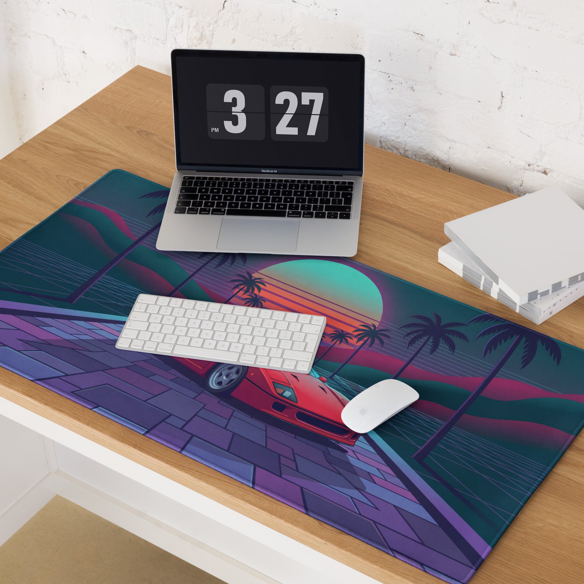 Ferrari F40 Inspired Red Teal Vaporwave Gaming Mouse Pad – Neon Palm Sunset Desk Mat, Retro Futuristic Supercar Digital Art