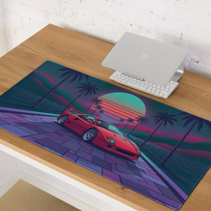 Ferrari F40 Inspired Red Teal Vaporwave Gaming Mouse Pad – Neon Palm Sunset Desk Mat, Retro Futuristic Supercar Digital Art