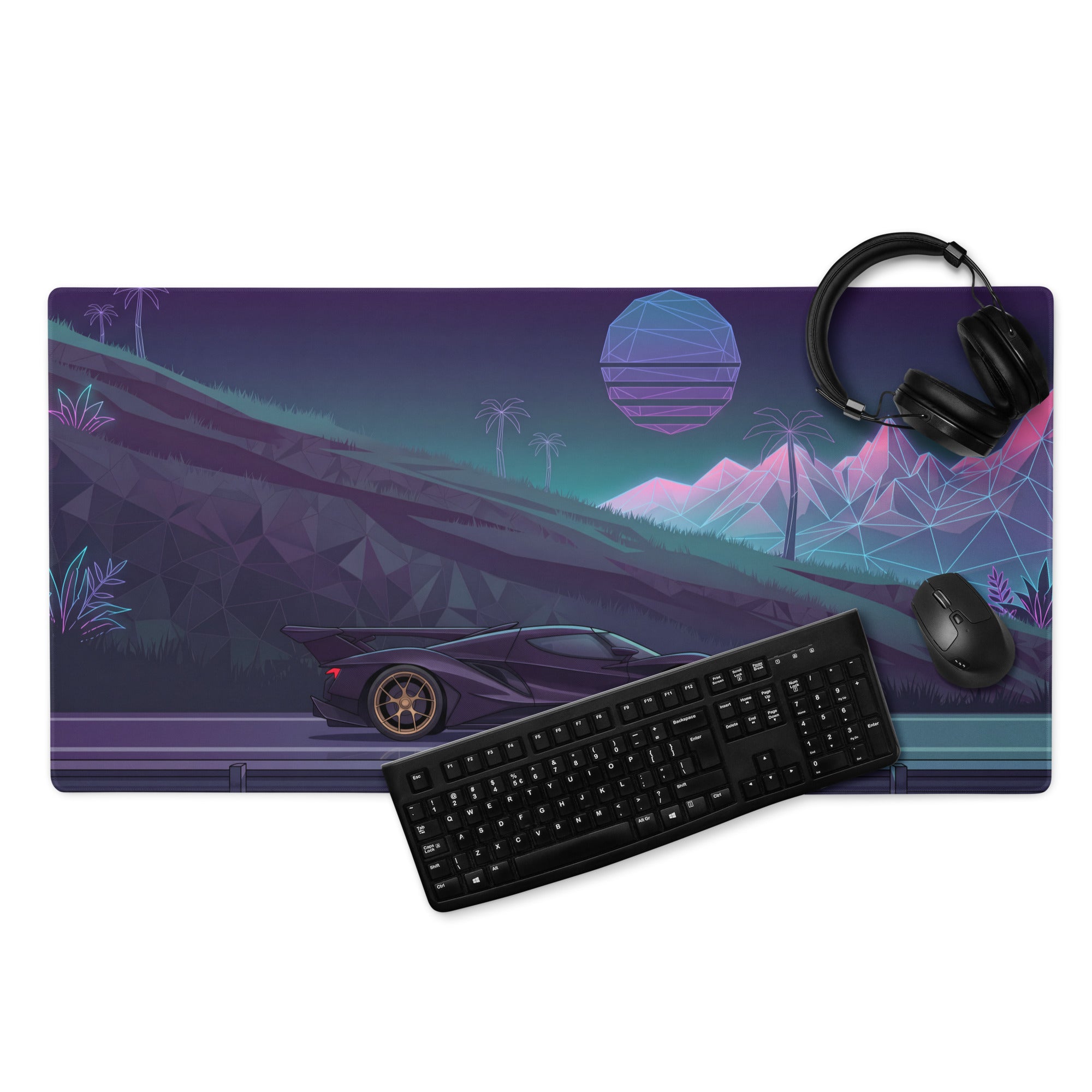 Apollo Intensa Emozione Inspired Black Gold Vaporwave Gaming Mouse Pad – Neon Mountain Highway Desk Mat, Retro Futuristic Hypercar Digital Art