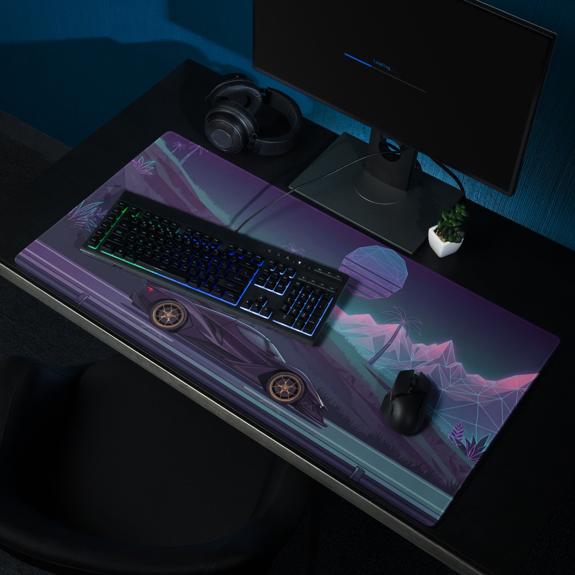 Apollo Intensa Emozione Inspired Black Gold Vaporwave Gaming Mouse Pad – Neon Mountain Highway Desk Mat, Retro Futuristic Hypercar Digital Art