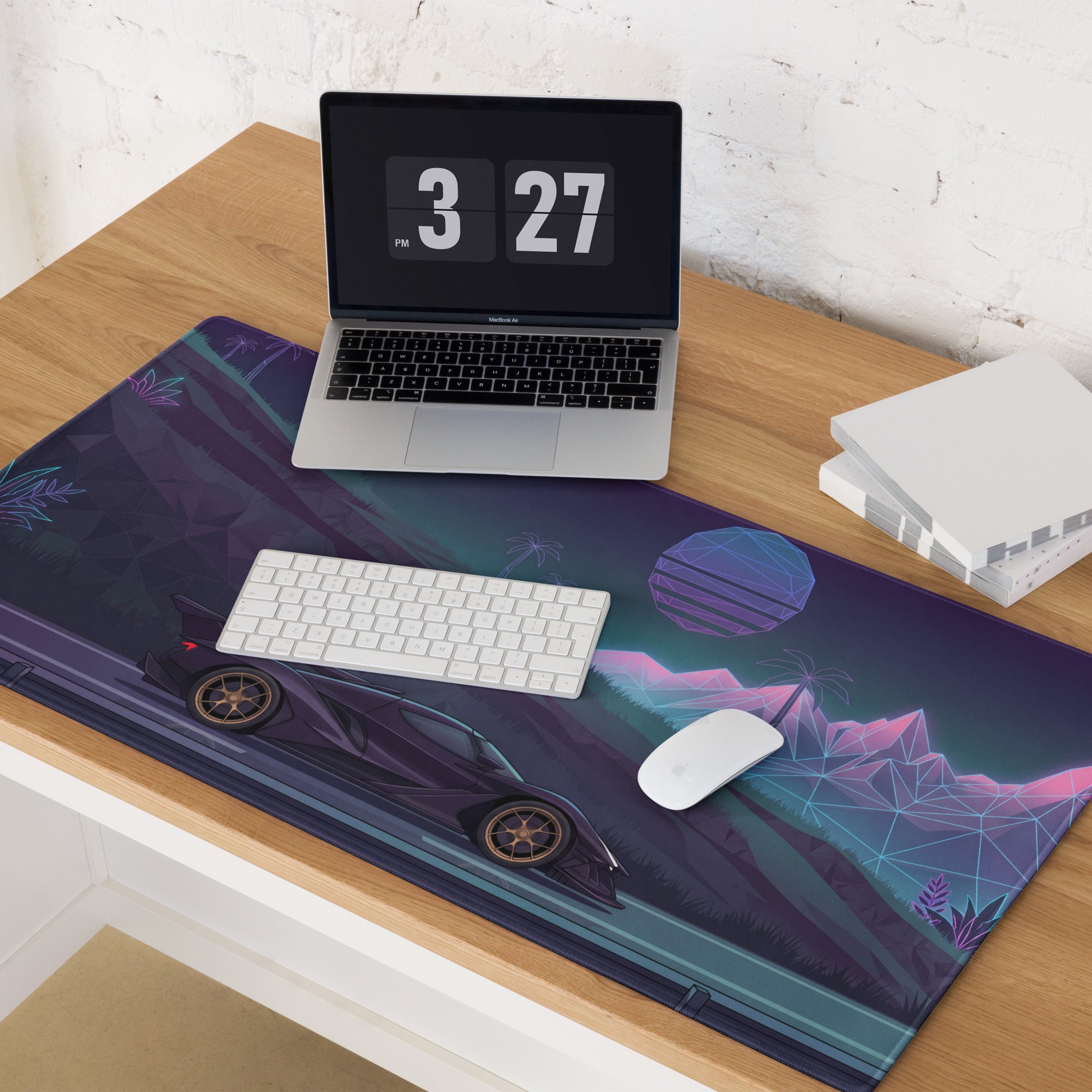 Apollo Intensa Emozione Inspired Black Gold Vaporwave Gaming Mouse Pad – Neon Mountain Highway Desk Mat, Retro Futuristic Hypercar Digital Art