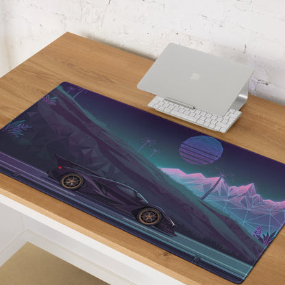 Apollo Intensa Emozione Inspired Black Gold Vaporwave Gaming Mouse Pad – Neon Mountain Highway Desk Mat, Retro Futuristic Hypercar Digital Art