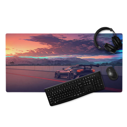 Aston Martin Vulcan Inspired Black Orange Vaporwave Gaming Mouse Pad – Dramatic Sunset Racetrack Desk Mat, Retro Futuristic Motorsport Digital Art