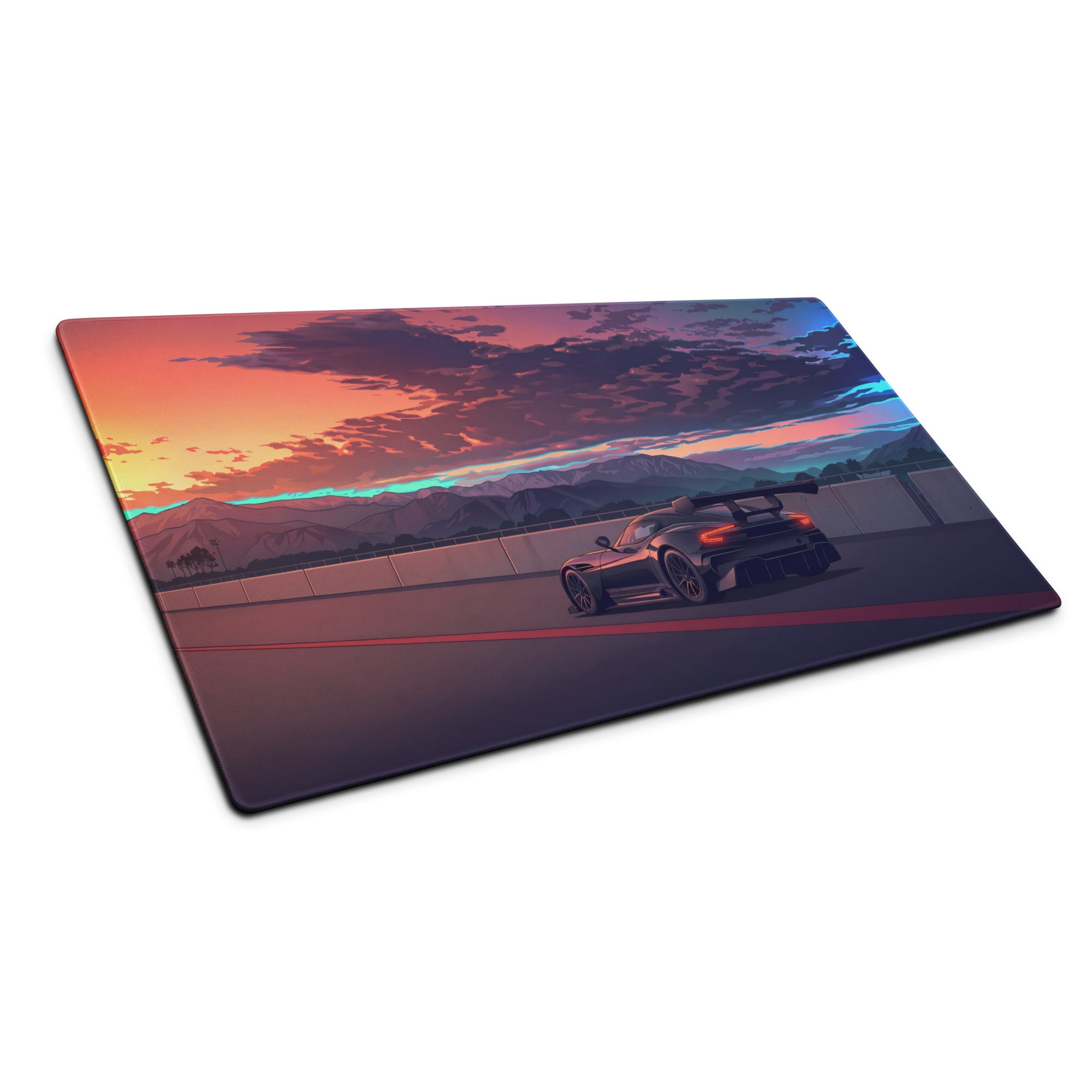 Aston Martin Vulcan Inspired Black Orange Vaporwave Gaming Mouse Pad – Dramatic Sunset Racetrack Desk Mat, Retro Futuristic Motorsport Digital Art