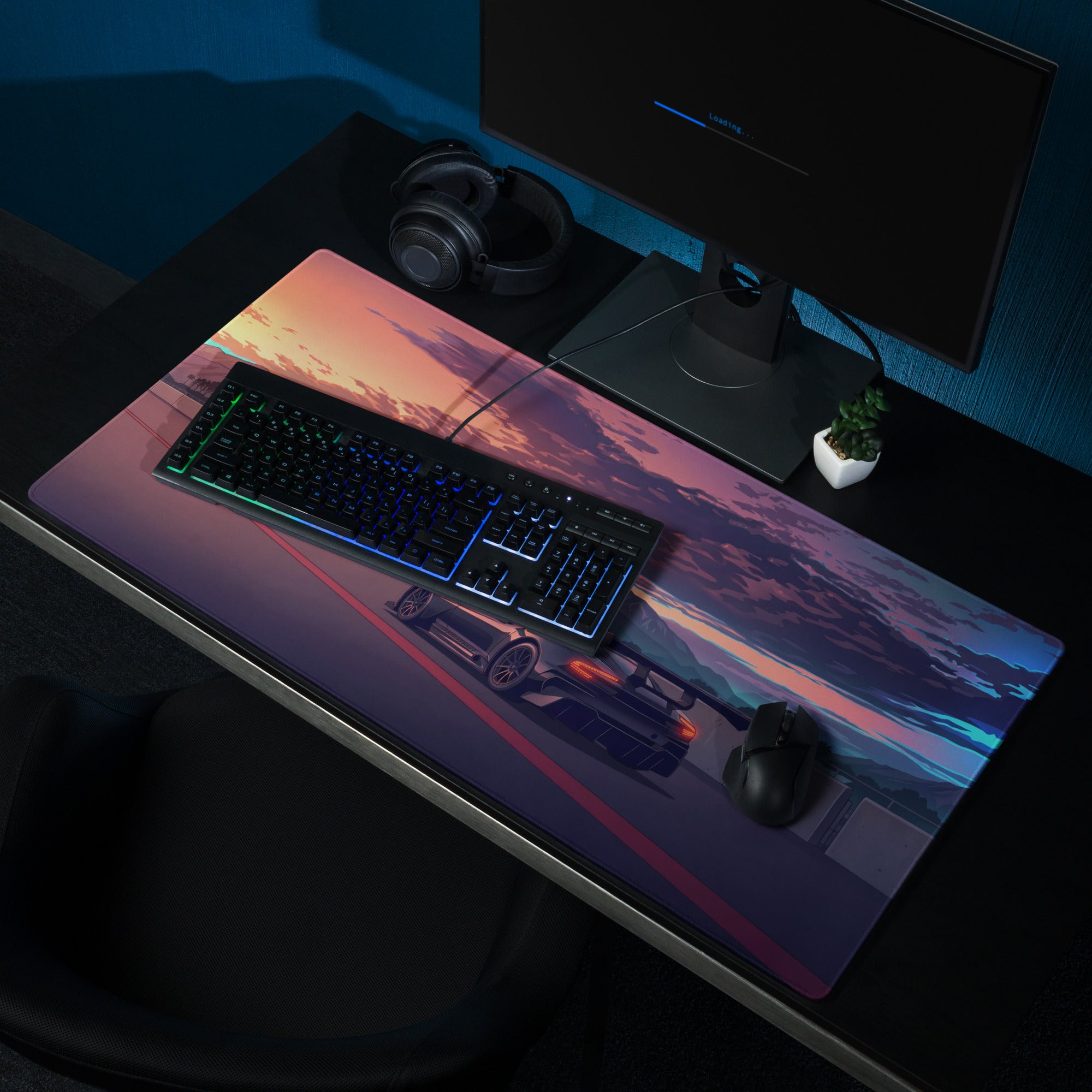 Aston Martin Vulcan Inspired Black Orange Vaporwave Gaming Mouse Pad – Dramatic Sunset Racetrack Desk Mat, Retro Futuristic Motorsport Digital Art