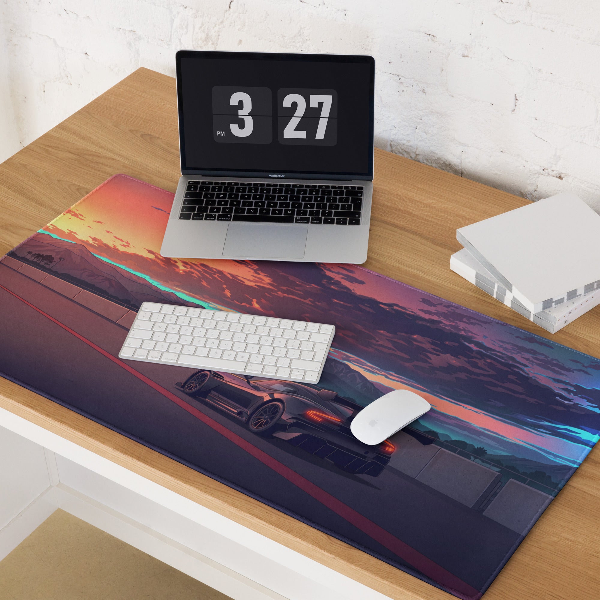 Aston Martin Vulcan Inspired Black Orange Vaporwave Gaming Mouse Pad – Dramatic Sunset Racetrack Desk Mat, Retro Futuristic Motorsport Digital Art