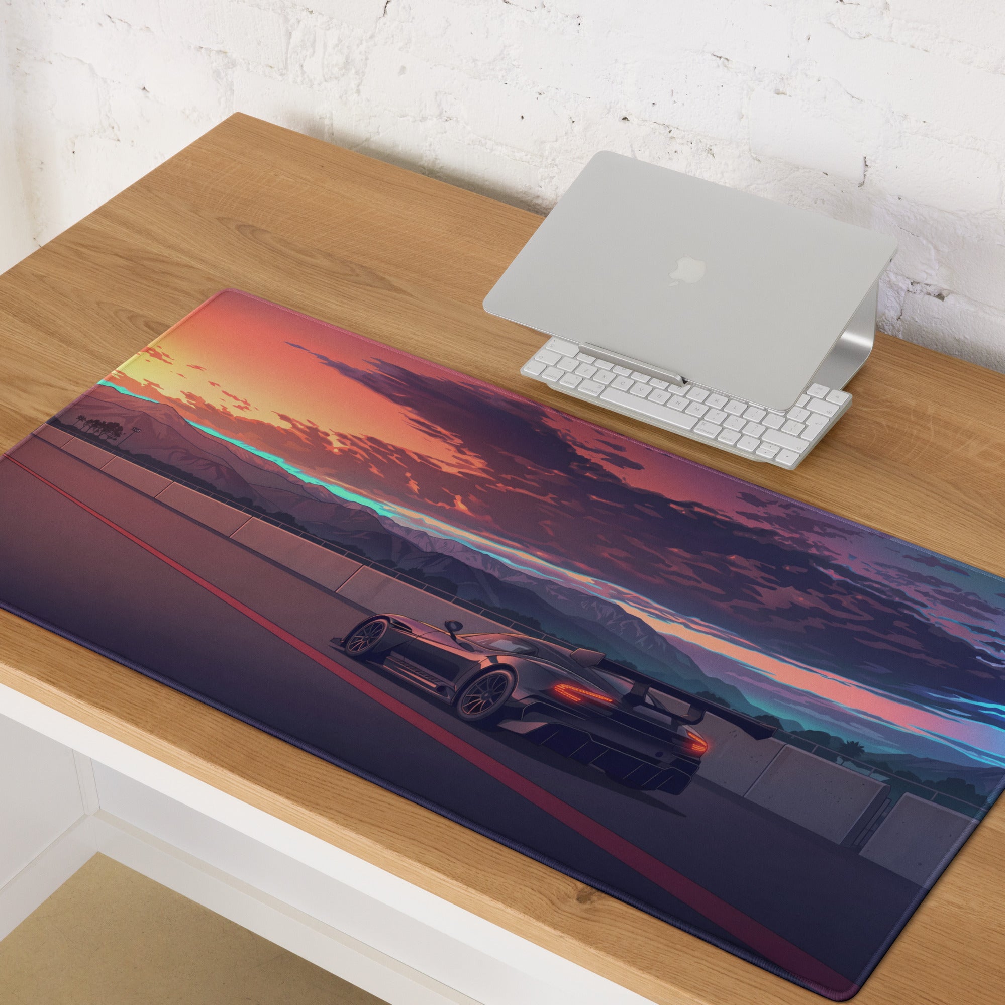 Aston Martin Vulcan Inspired Black Orange Vaporwave Gaming Mouse Pad – Dramatic Sunset Racetrack Desk Mat, Retro Futuristic Motorsport Digital Art