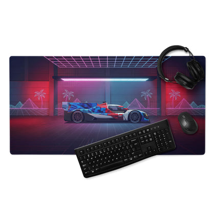 BMW M Hybrid V8 Inspired Red Blue Vaporwave Gaming Mouse Pad – Neon Cyber Garage Desk Mat, Retro Futuristic Le Mans Race Car Digital Art