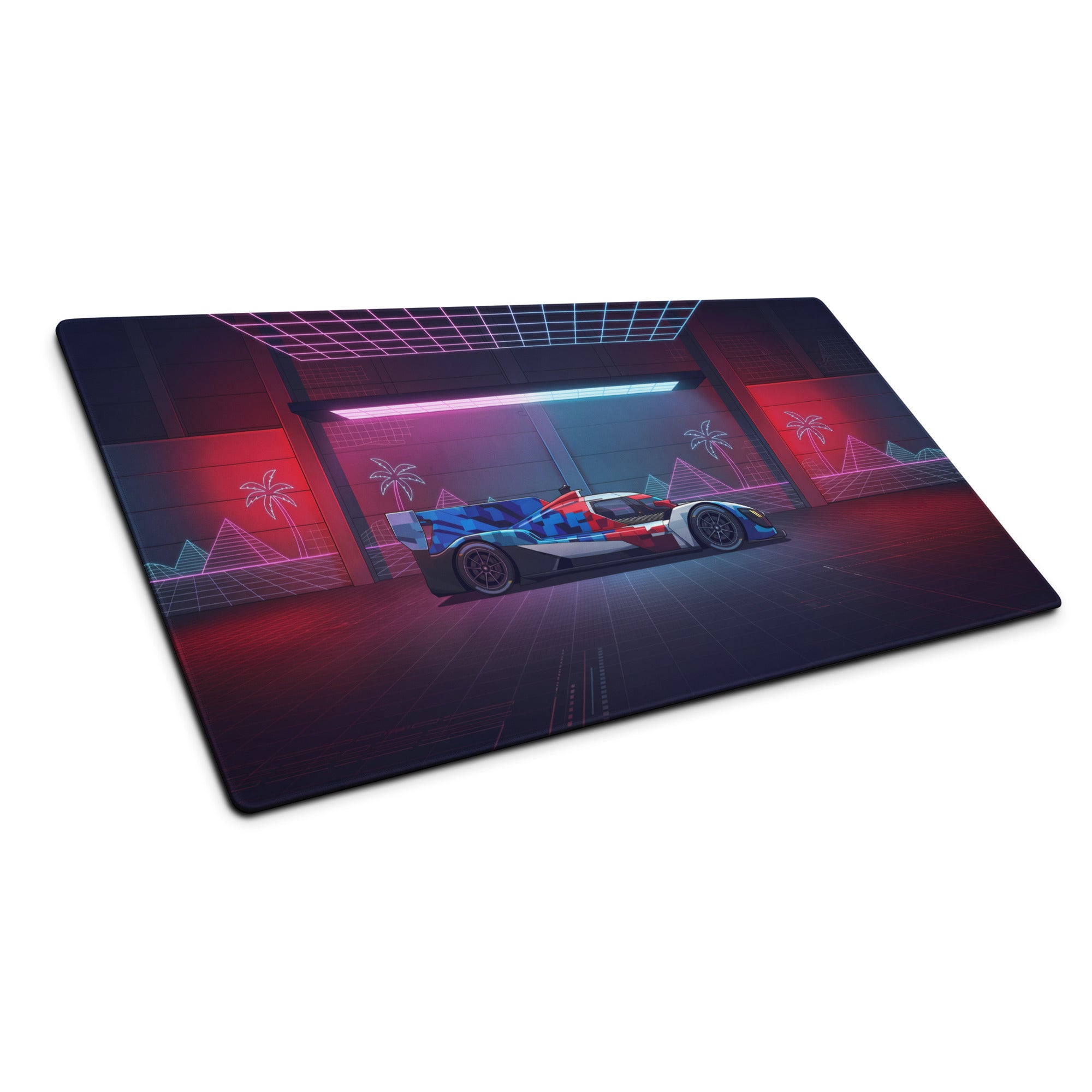 BMW M Hybrid V8 Inspired Red Blue Vaporwave Gaming Mouse Pad – Neon Cyber Garage Desk Mat, Retro Futuristic Le Mans Race Car Digital Art