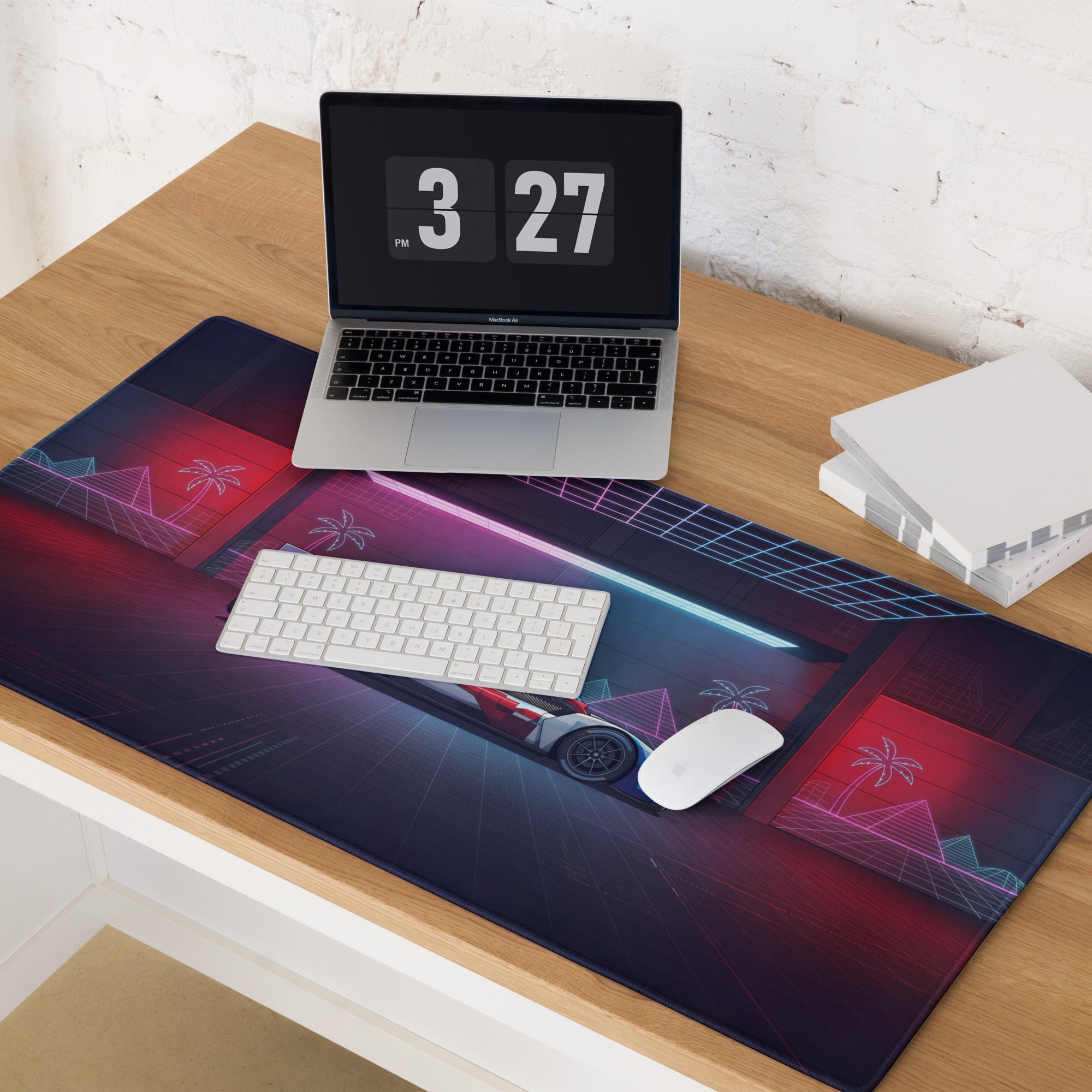 BMW M Hybrid V8 Inspired Red Blue Vaporwave Gaming Mouse Pad – Neon Cyber Garage Desk Mat, Retro Futuristic Le Mans Race Car Digital Art
