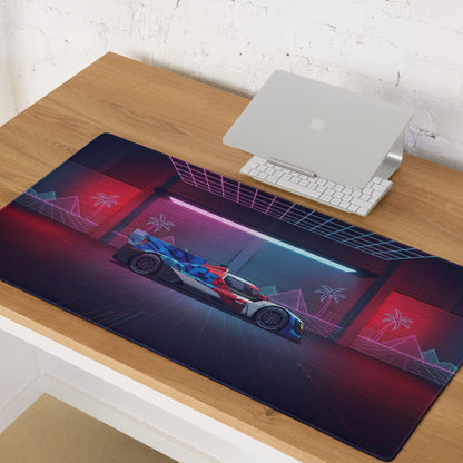 BMW M Hybrid V8 Inspired Red Blue Vaporwave Gaming Mouse Pad – Neon Cyber Garage Desk Mat, Retro Futuristic Le Mans Race Car Digital Art