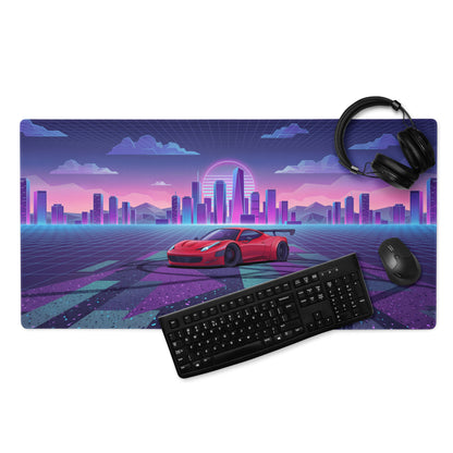 Ferrari 458 Italia Inspired Widebody Red Purple Vaporwave Gaming Mouse Pad – Neon Retro City Desk Mat, Synthwave Supercar Digital Art with Sunset Grid