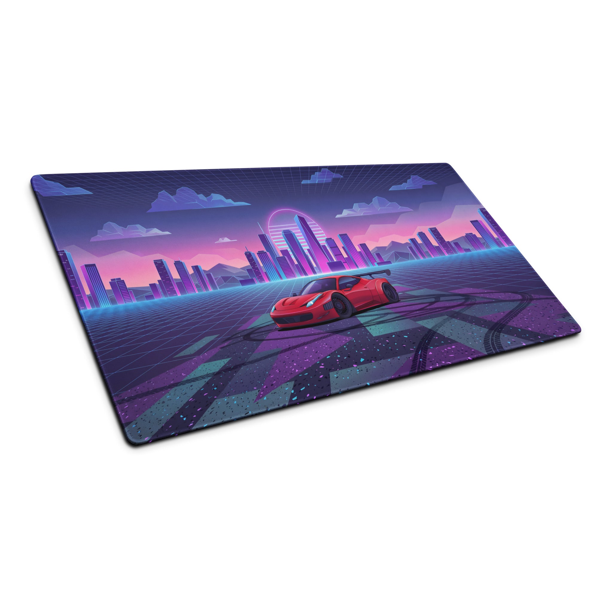 Ferrari 458 Italia Inspired Widebody Red Purple Vaporwave Gaming Mouse Pad – Neon Retro City Desk Mat, Synthwave Supercar Digital Art with Sunset Grid