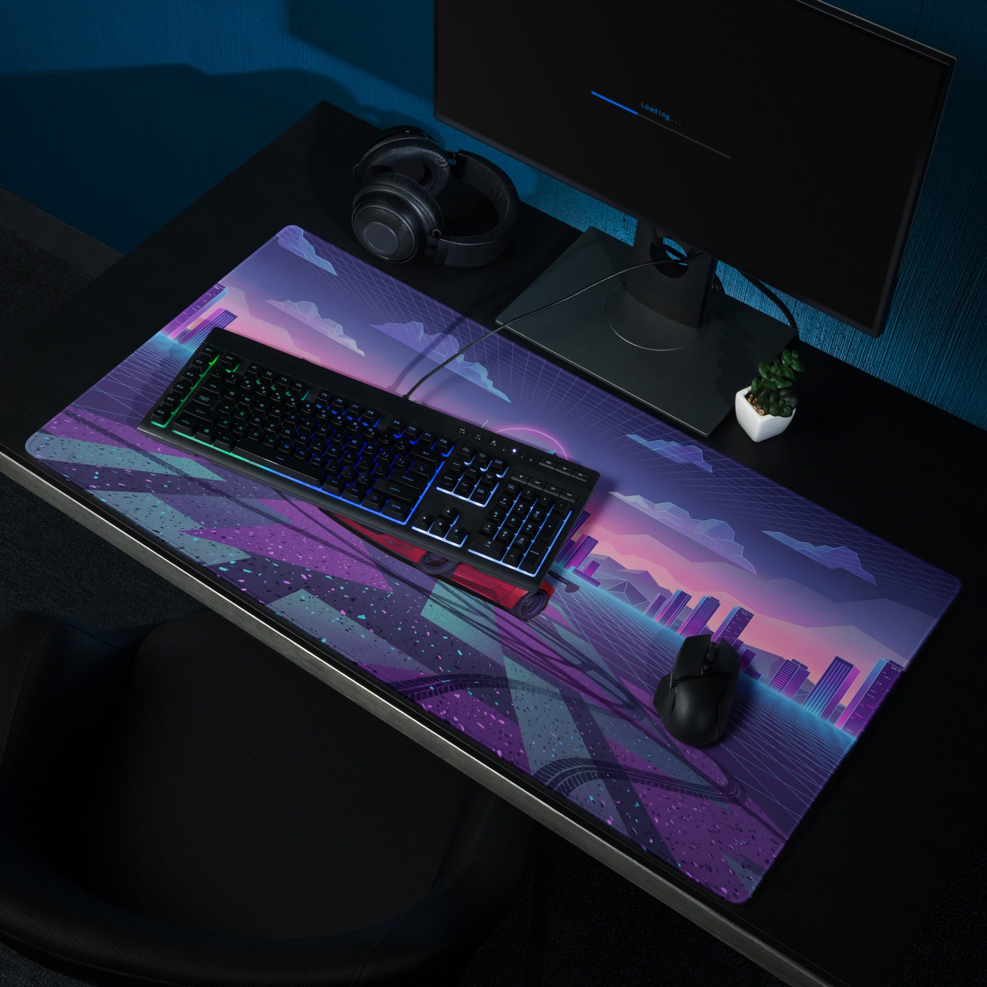 Ferrari 458 Italia Inspired Widebody Red Purple Vaporwave Gaming Mouse Pad – Neon Retro City Desk Mat, Synthwave Supercar Digital Art with Sunset Grid