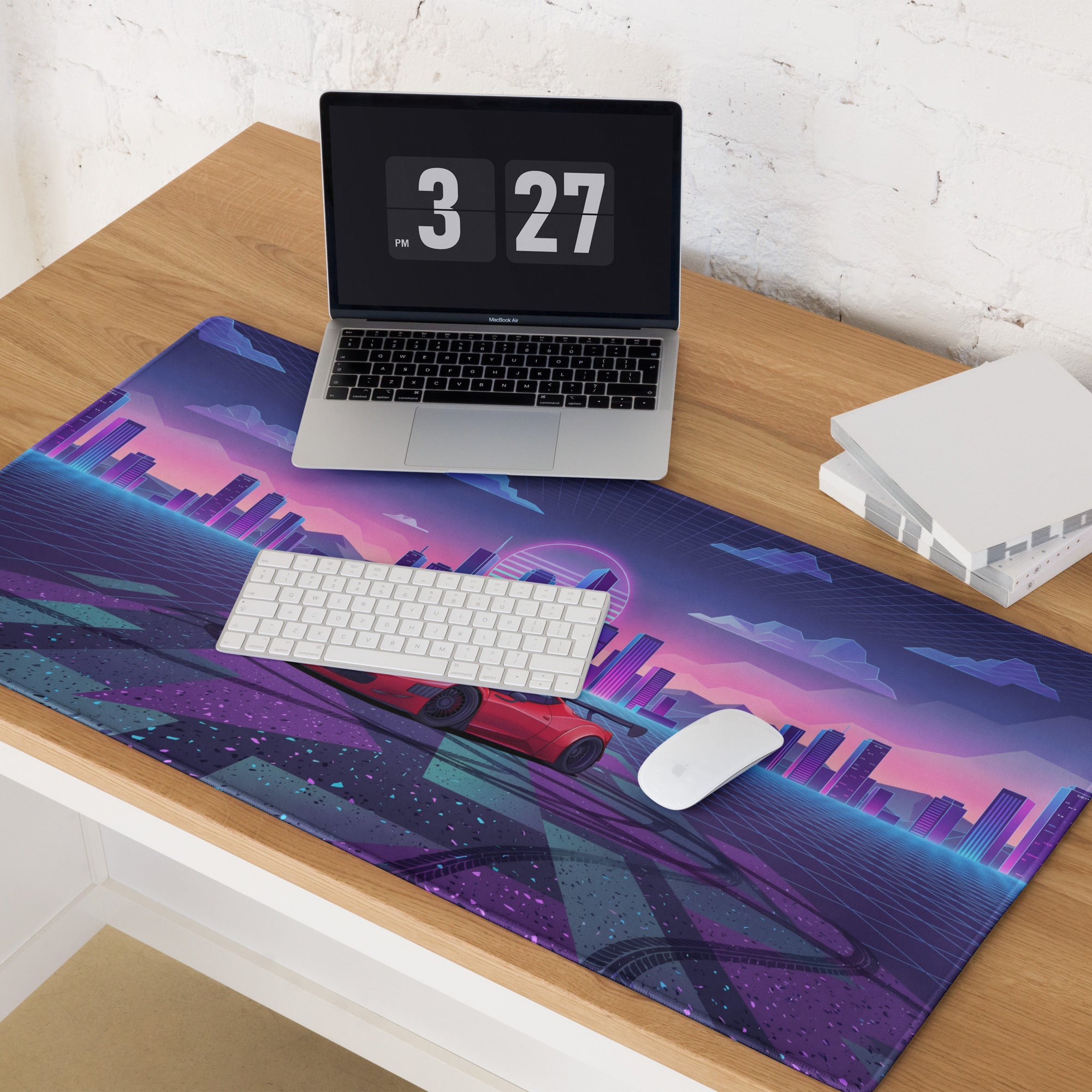 Ferrari 458 Italia Inspired Widebody Red Purple Vaporwave Gaming Mouse Pad – Neon Retro City Desk Mat, Synthwave Supercar Digital Art with Sunset Grid