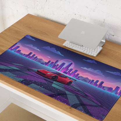 Ferrari 458 Italia Inspired Widebody Red Purple Vaporwave Gaming Mouse Pad – Neon Retro City Desk Mat, Synthwave Supercar Digital Art with Sunset Grid