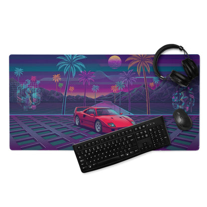 Ferrari F40 Inspired Red Purple Vaporwave Gaming Mouse Pad – Neon Palm Tree Desk Mat, Retro Futuristic Supercar Digital Art with Synthwave Grid