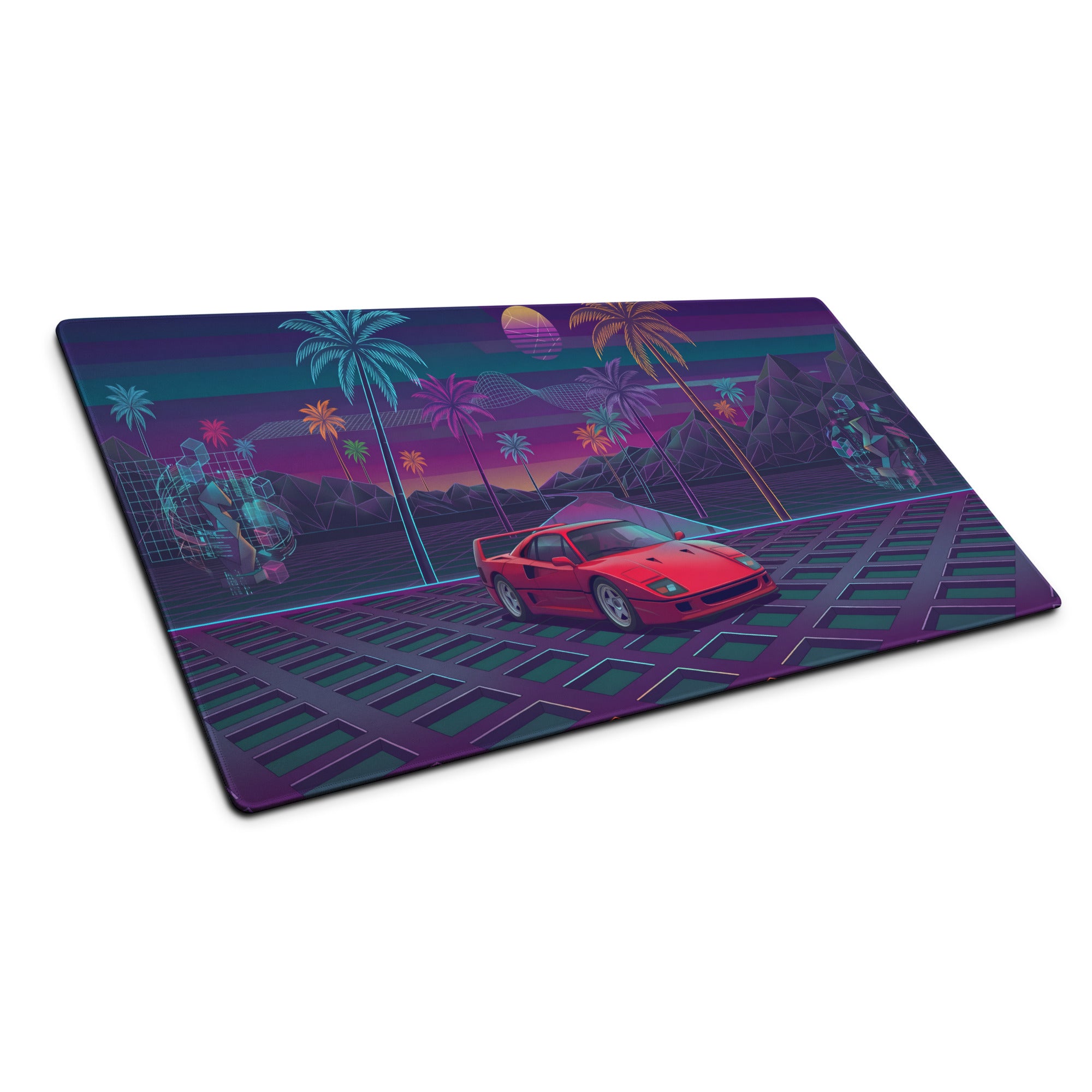 Ferrari F40 Inspired Red Purple Vaporwave Gaming Mouse Pad – Neon Palm Tree Desk Mat, Retro Futuristic Supercar Digital Art with Synthwave Grid