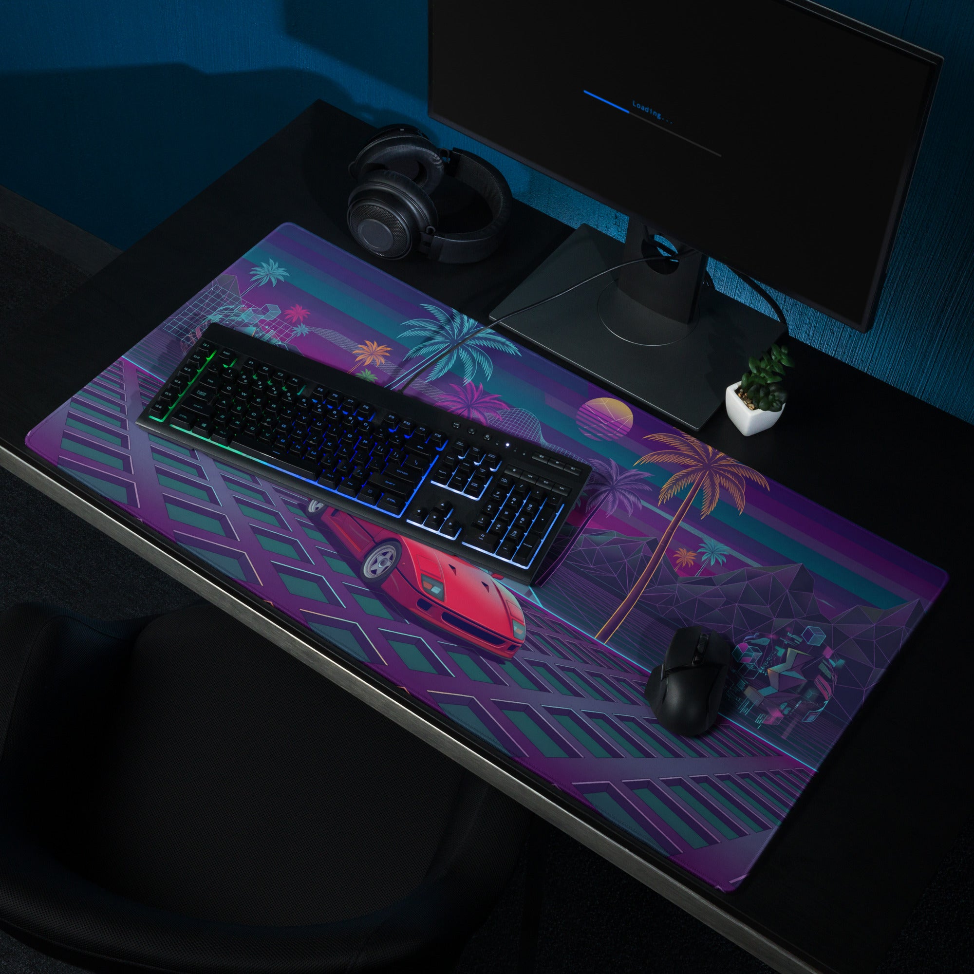 Ferrari F40 Inspired Red Purple Vaporwave Gaming Mouse Pad – Neon Palm Tree Desk Mat, Retro Futuristic Supercar Digital Art with Synthwave Grid