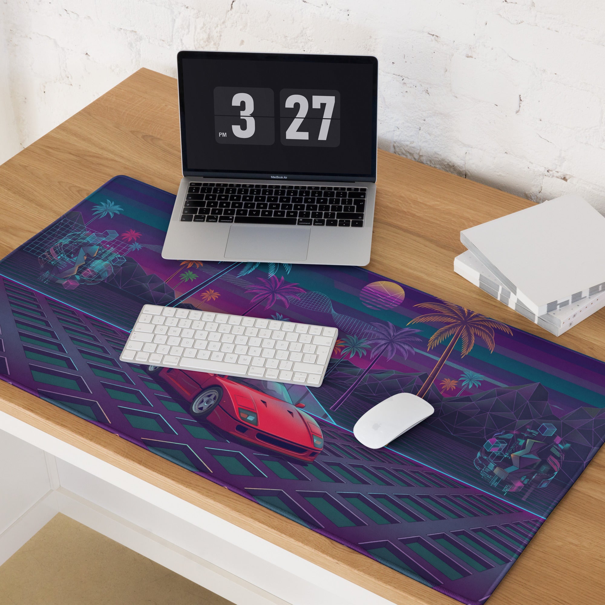 Ferrari F40 Inspired Red Purple Vaporwave Gaming Mouse Pad – Neon Palm Tree Desk Mat, Retro Futuristic Supercar Digital Art with Synthwave Grid