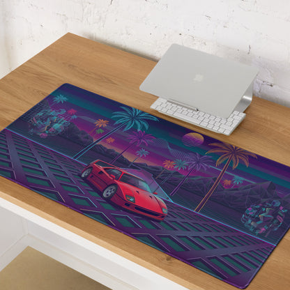 Ferrari F40 Inspired Red Purple Vaporwave Gaming Mouse Pad – Neon Palm Tree Desk Mat, Retro Futuristic Supercar Digital Art with Synthwave Grid