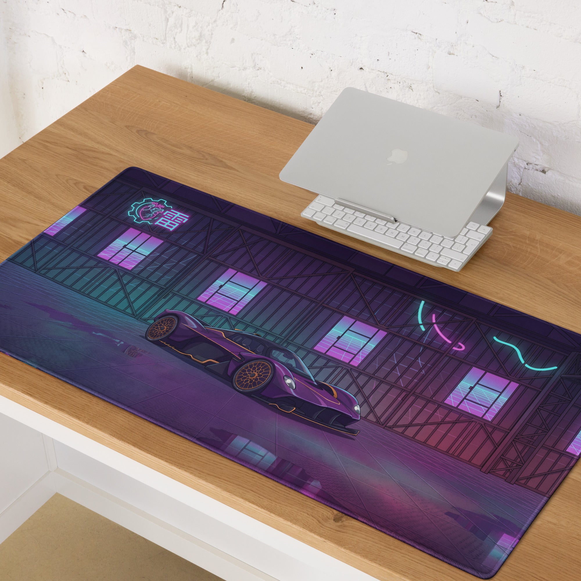 Aston Martin Valkyrie Inspired Purple Gold Vaporwave Gaming Mouse Pad – Neon Futuristic Garage Desk Mat, Cyberpunk Hypercar Digital Art