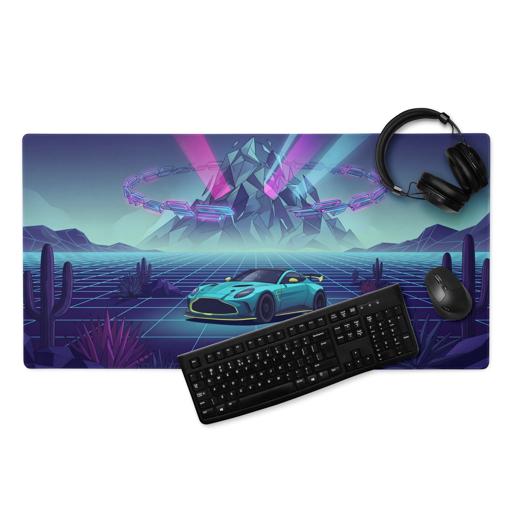 Aston Martin Vantage GT3 Inspired Teal Purple Vaporwave Gaming Mouse Pad – Neon Desert Grid Desk Mat, Retro Futuristic Racing Car Digital Art