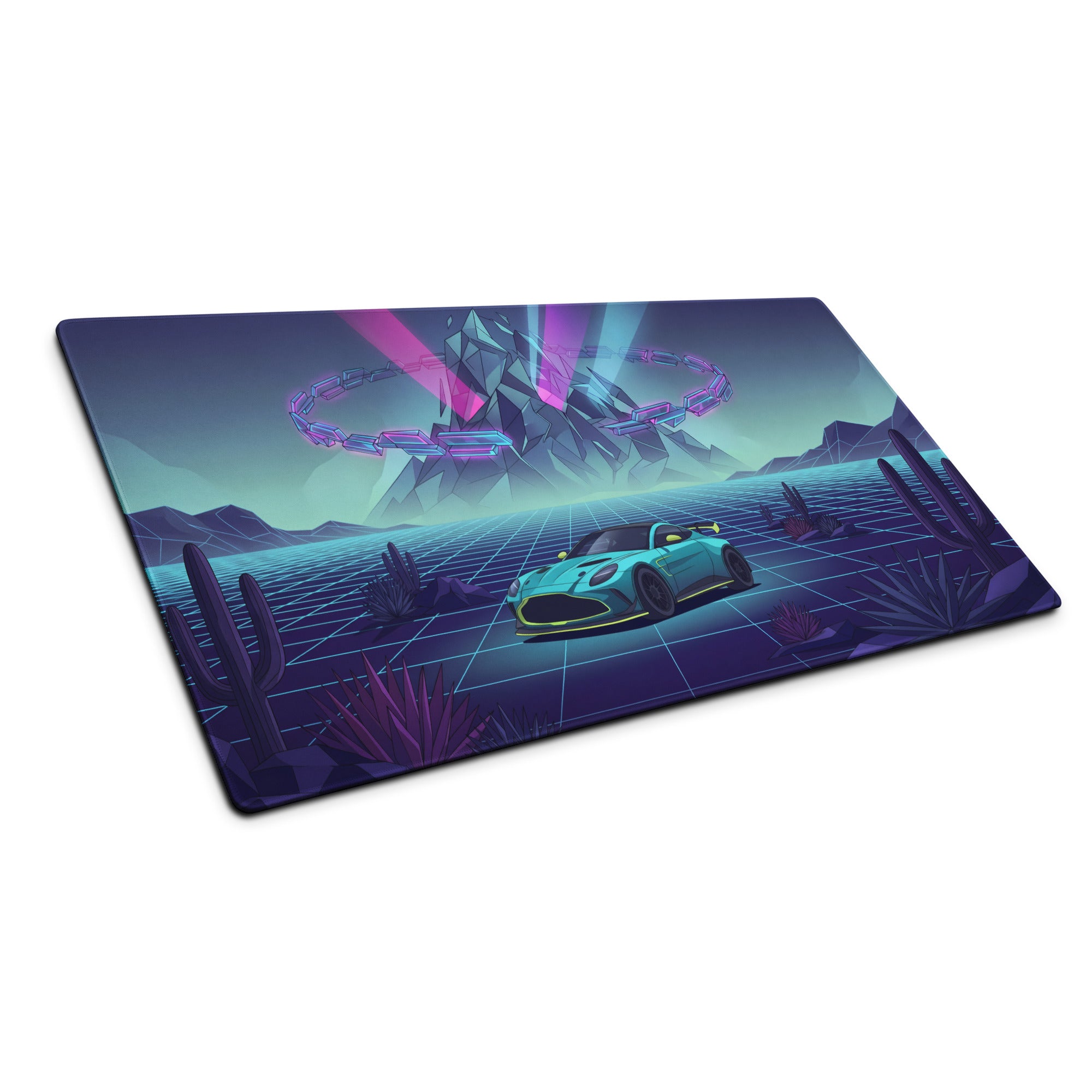 Aston Martin Vantage GT3 Inspired Teal Purple Vaporwave Gaming Mouse Pad – Neon Desert Grid Desk Mat, Retro Futuristic Racing Car Digital Art