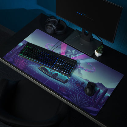 Aston Martin Vantage GT3 Inspired Teal Purple Vaporwave Gaming Mouse Pad – Neon Desert Grid Desk Mat, Retro Futuristic Racing Car Digital Art
