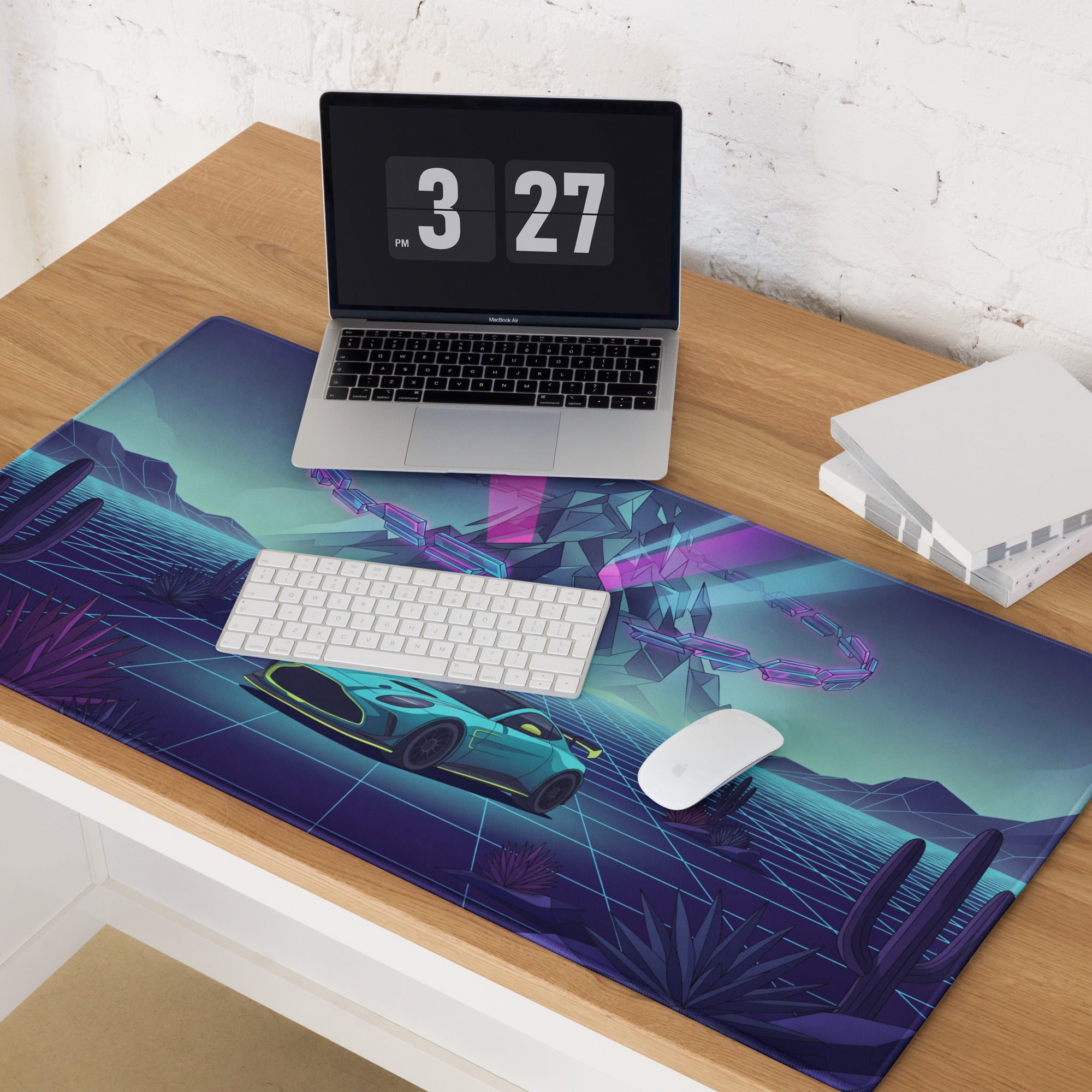 Aston Martin Vantage GT3 Inspired Teal Purple Vaporwave Gaming Mouse Pad – Neon Desert Grid Desk Mat, Retro Futuristic Racing Car Digital Art