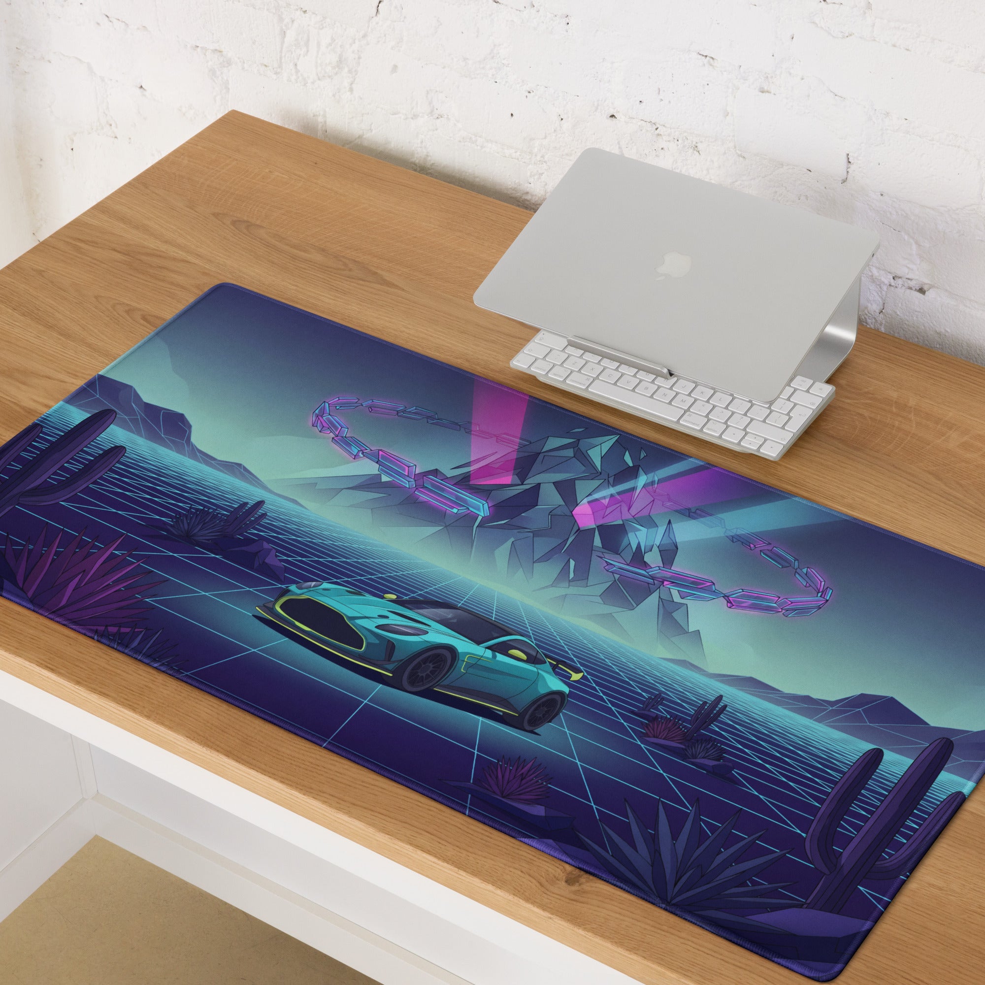Aston Martin Vantage GT3 Inspired Teal Purple Vaporwave Gaming Mouse Pad – Neon Desert Grid Desk Mat, Retro Futuristic Racing Car Digital Art