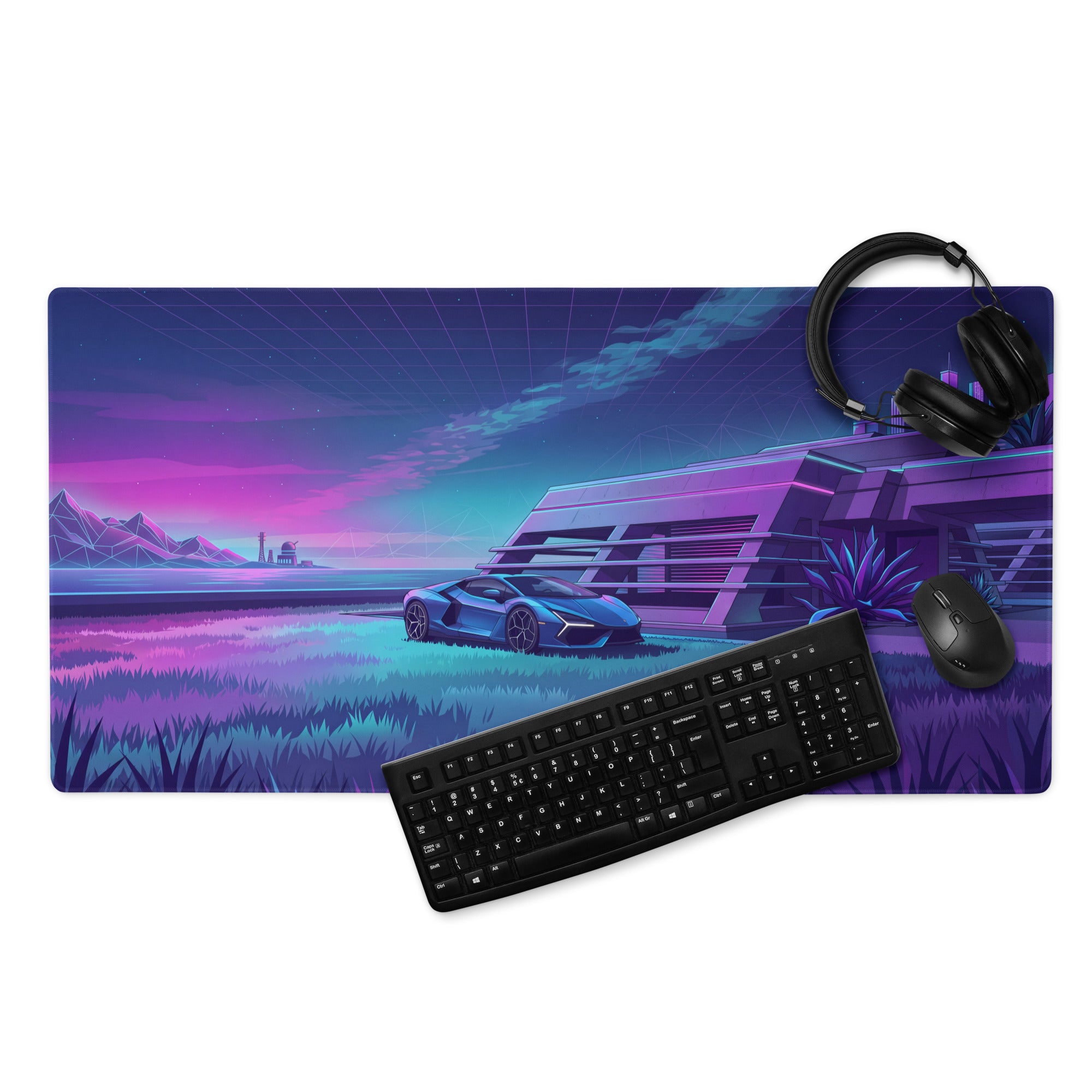 Lamborghini Revuelto Inspired Blue Purple Vaporwave Gaming Mouse Pad – Neon Futuristic Villa Desk Mat, Retro Synthwave Supercar Digital Art