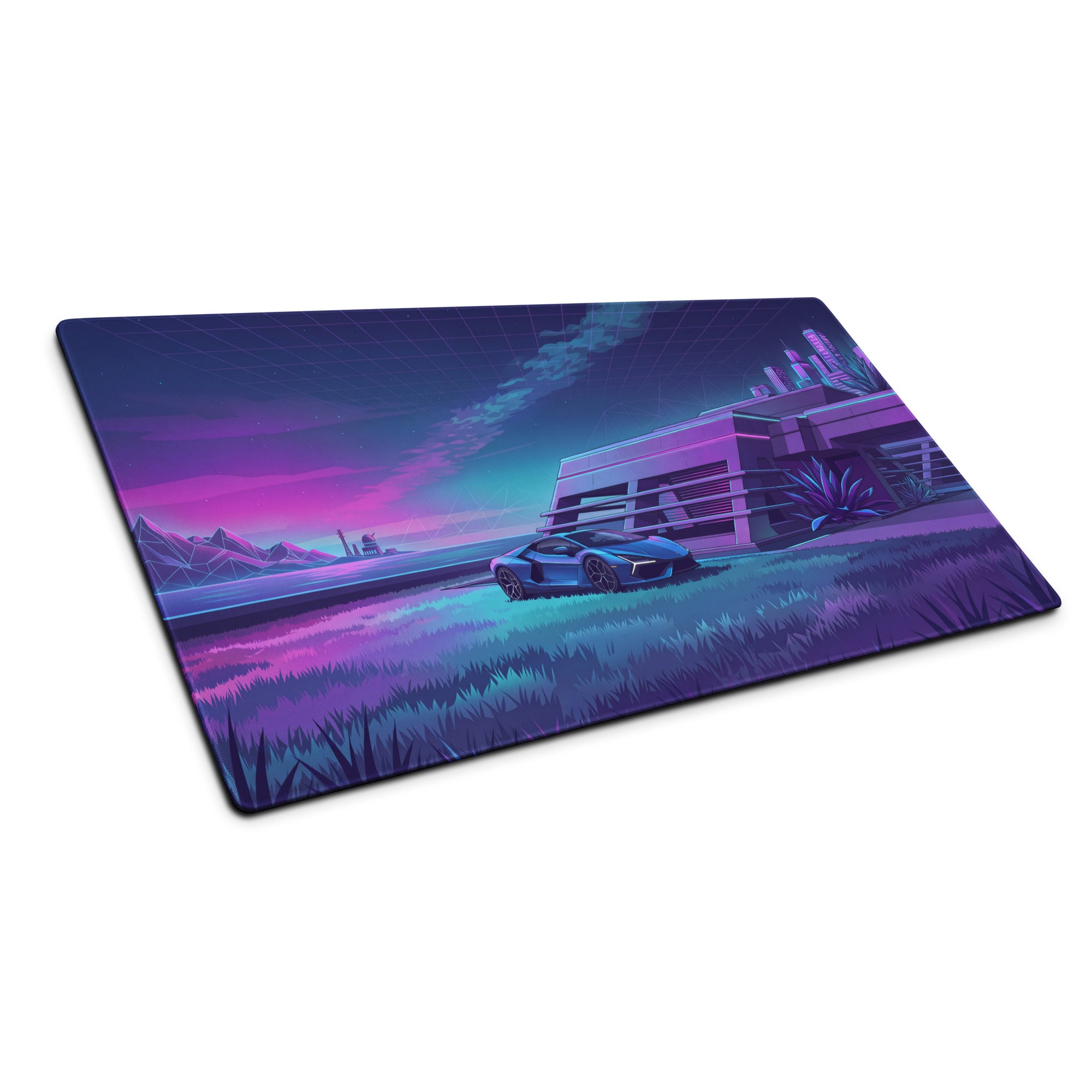 Lamborghini Revuelto Inspired Blue Purple Vaporwave Gaming Mouse Pad – Neon Futuristic Villa Desk Mat, Retro Synthwave Supercar Digital Art