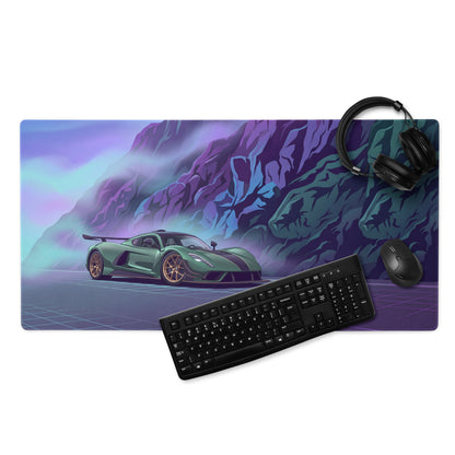 Hennessey Venom F5 Inspired Green Purple Vaporwave Gaming Mouse Pad – Neon Mountain Road Desk Mat, Futuristic Hypercar Digital Art