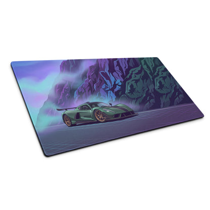 Hennessey Venom F5 Inspired Green Purple Vaporwave Gaming Mouse Pad – Neon Mountain Road Desk Mat, Futuristic Hypercar Digital Art