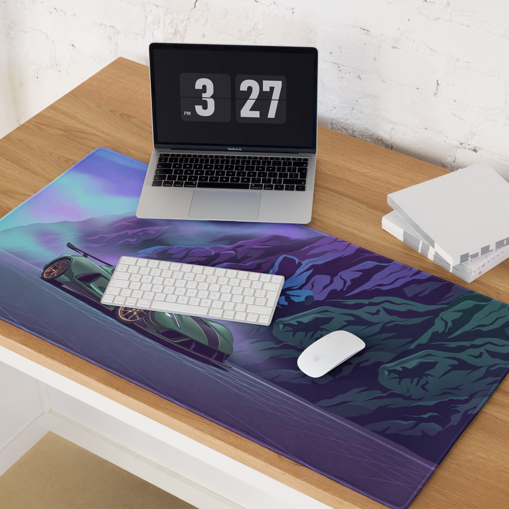Hennessey Venom F5 Inspired Green Purple Vaporwave Gaming Mouse Pad – Neon Mountain Road Desk Mat, Futuristic Hypercar Digital Art