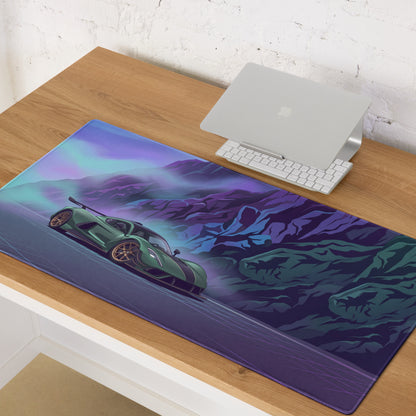 Hennessey Venom F5 Inspired Green Purple Vaporwave Gaming Mouse Pad – Neon Mountain Road Desk Mat, Futuristic Hypercar Digital Art