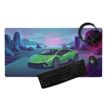 Lamborghini Huracán Performante Inspired Green Purple Vaporwave Gaming Mouse Pad – Neon Retro Grid Desk Mat, Synthwave Supercar Digital Art