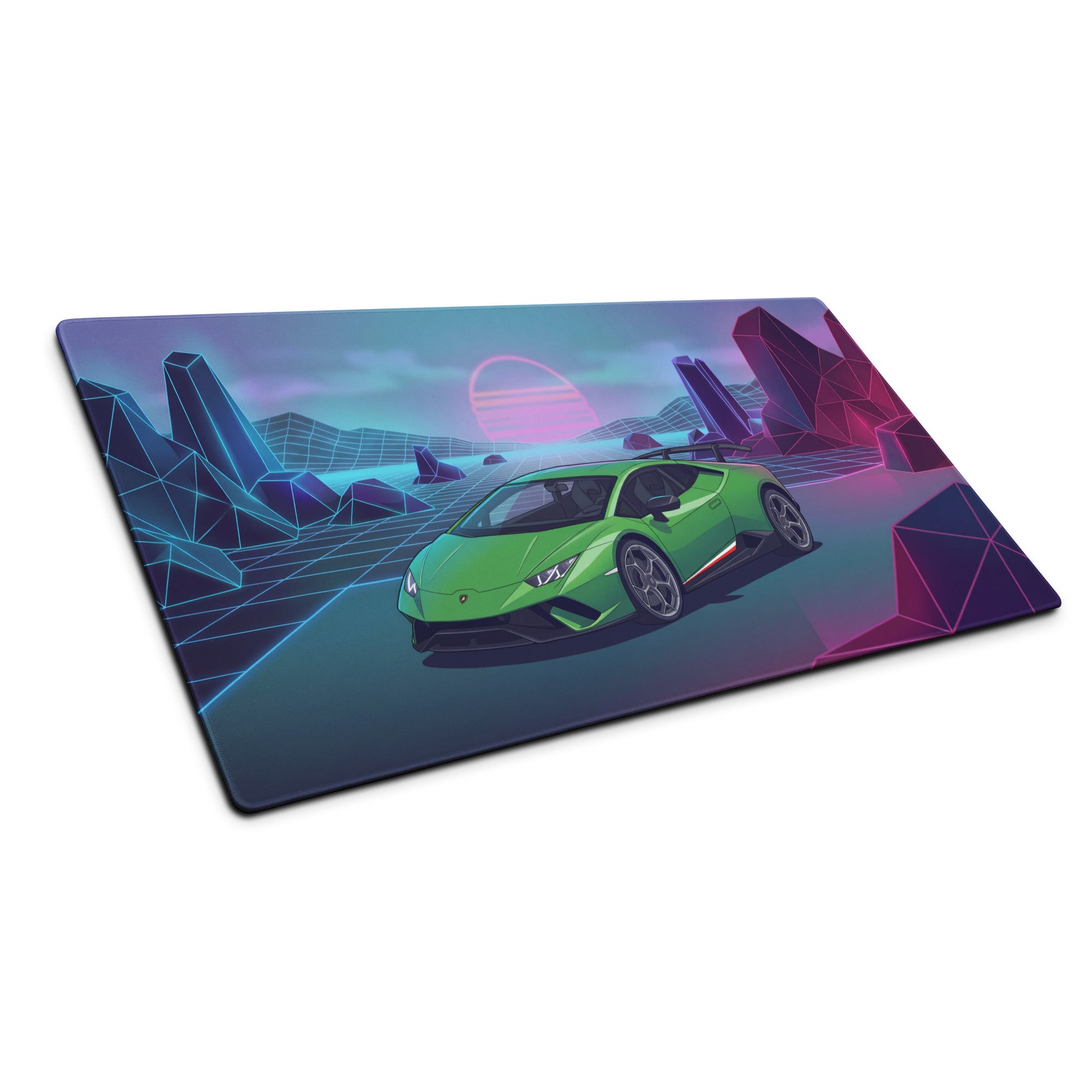 Lamborghini Huracán Performante Inspired Green Purple Vaporwave Gaming Mouse Pad – Neon Retro Grid Desk Mat, Synthwave Supercar Digital Art