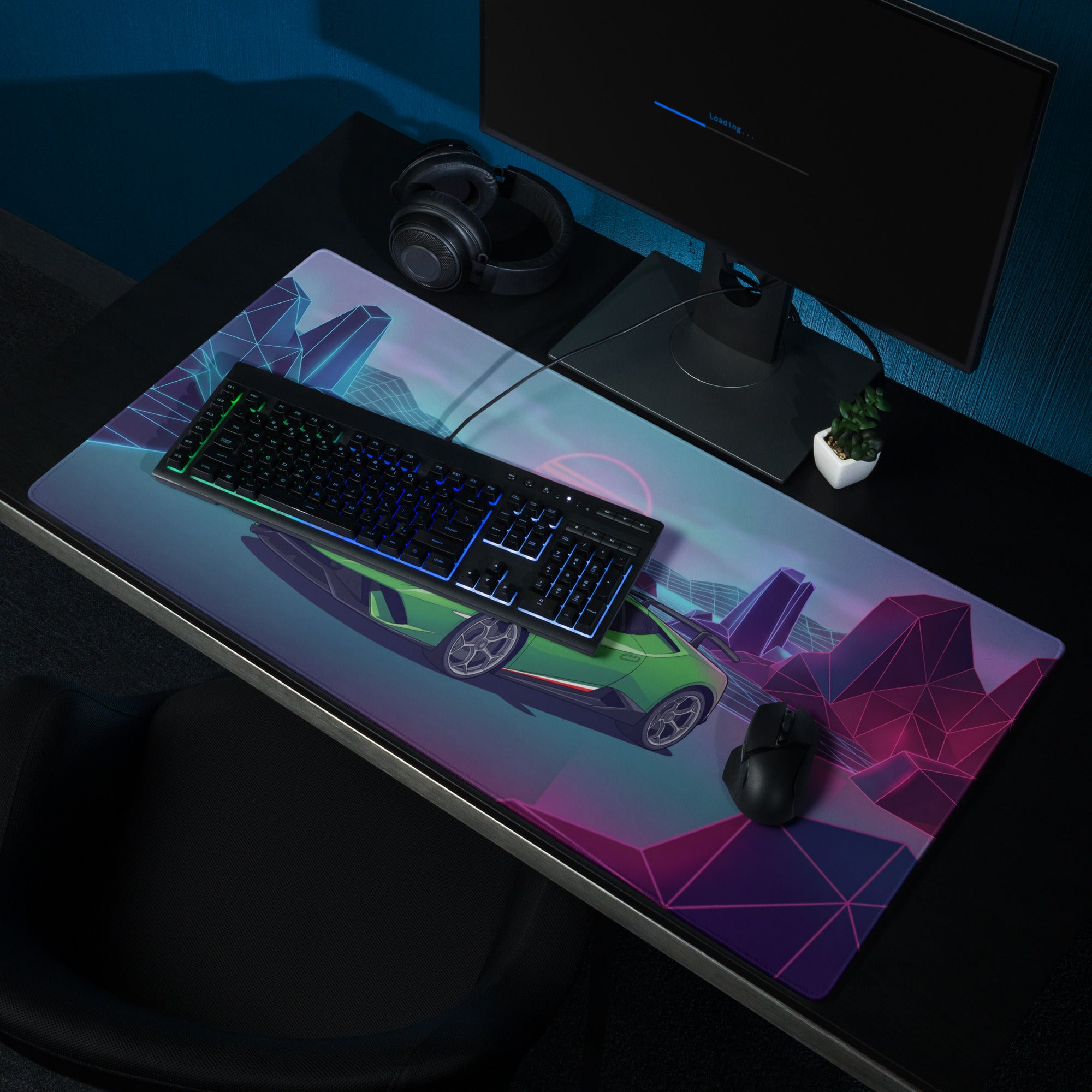 Lamborghini Huracán Performante Inspired Green Purple Vaporwave Gaming Mouse Pad – Neon Retro Grid Desk Mat, Synthwave Supercar Digital Art