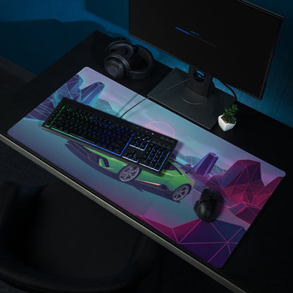 Lamborghini Huracán Performante Inspired Green Purple Vaporwave Gaming Mouse Pad – Neon Retro Grid Desk Mat, Synthwave Supercar Digital Art