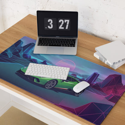 Lamborghini Huracán Performante Inspired Green Purple Vaporwave Gaming Mouse Pad – Neon Retro Grid Desk Mat, Synthwave Supercar Digital Art