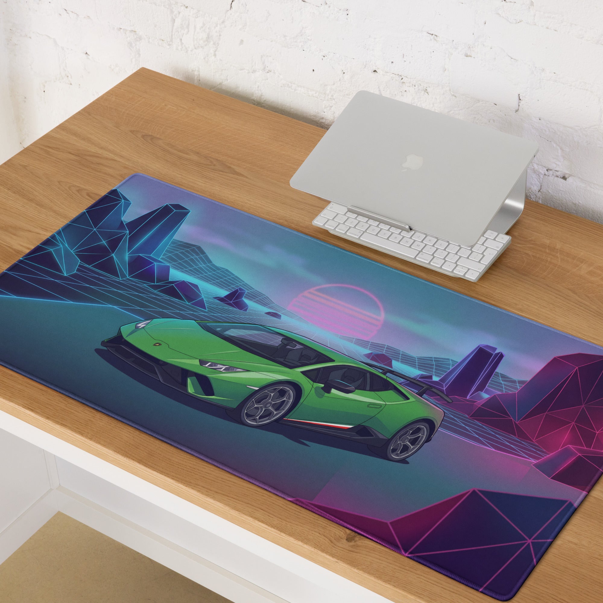 Lamborghini Huracán Performante Inspired Green Purple Vaporwave Gaming Mouse Pad – Neon Retro Grid Desk Mat, Synthwave Supercar Digital Art