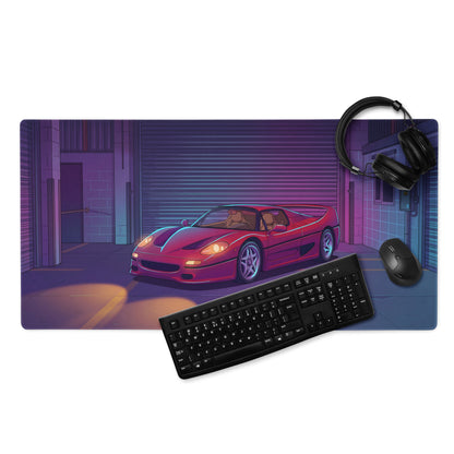 Ferrari F50 Inspired Red Purple Vaporwave Gaming Mouse Pad – Neon Industrial Garage Desk Mat, Retro Supercar Digital Art with Cyberpunk Glow