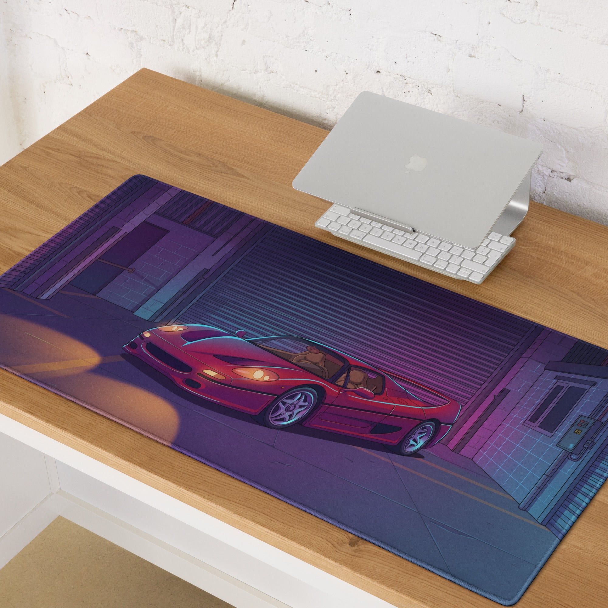 Ferrari F50 Inspired Red Purple Vaporwave Gaming Mouse Pad – Neon Industrial Garage Desk Mat, Retro Supercar Digital Art with Cyberpunk Glow